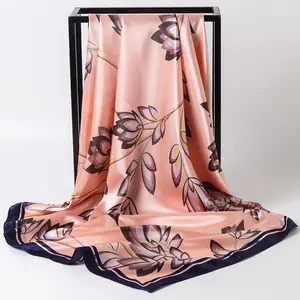 Luxe Femmes 90*90CM Fleurs Impression Satin Carré Écharpe Châles Soie-comme Élégant Foulard Hijab Foulards