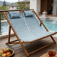 Chaise longue double en bois de hêtre avec dossier réglable et appui-tête confortable, pliable, idéale pour les vacances en bord de mer, vente directe usine
