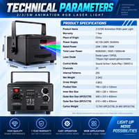 Laser d'animation RGB 2W 3W 5W 15Kpps DMX512, activé par le son, pour DJ, club, scène, avec 255 motifs intégrés, mariage, IP65