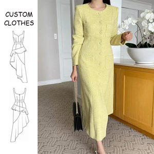 OEM Polyester Couleur Solide Naturel Tissé Automne Vintage Boutons Col Ras Du Cou A-ligne À Manches Longues Tweed Jaune Maxi <span class=keywords><strong>Robe</strong></span> Femme Décontractée - Product Image 1