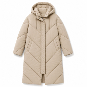 Manteau long matelassé en duvet pour <span class=keywords><strong>femme</strong></span>, couleur kaki, avec logo personnalisé, col en V, capuche à cordon de serrage, fermeture éclair intégrale, mi-mollet, coupe-vent, chaud et rembourré - Product Image 4