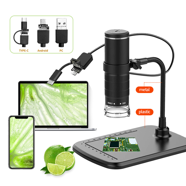 500X-1000X 3-in-1 Digital Microscope for Type-C Micro USB Android-Phone USB PC w Stand