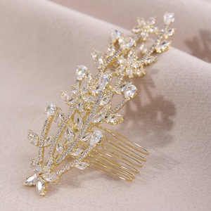 Peigne à <span class=keywords><strong>cheveux</strong></span> de mariée vintage en cuivre plaqué or avec zircone cubique 5A taille marquise en forme de feuille, accessoire de coiffure de <span class=keywords><strong>mariage</strong></span> pour chignon de mariée - Product Image 3