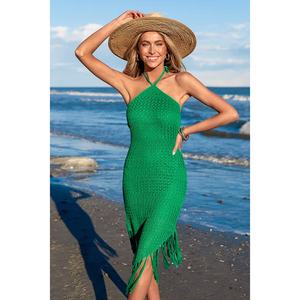 Muy vendido: Prenda de punto midi asimétrica sin espalda con flecos, cuello halter y bajo con lazo, tipo pareo - Product Image 2