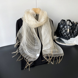 Iridescent Sheer Organza 100% Mulberry Silk Shawl Long Tassel Fringe <b>Wrap</b> Scarf Bridal Shoulder Cover Up for Wedding Party Dress - Product Image 6