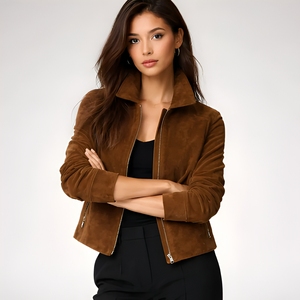 Chaqueta bomber informal de gamuza para mujer, chaqueta de gamuza con cremallera frontal, abrigo estilo camionero con cremallera, chaqueta transpirable a prueba de viento - Product Image 3