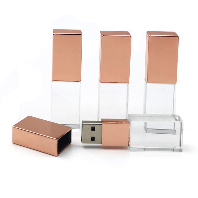 Customized Rose Gold Kristall Cristal Transparent Glass Flash Stick 32G 64gb 128gb  Logo Crystal USB Flash Drives With Box