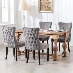 现代北欧家庭餐椅灰色簇绒聚氨酯皮革高背木质餐椅
