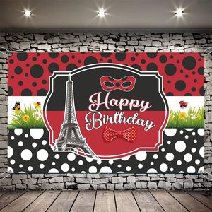 Sfondo Fotografico Personalizzabile con Coccinella e Torre <span class=keywords><strong>Eiffel</strong></span> per Feste di Compleanno, Banner per Tavolo Torta - Product Image 1