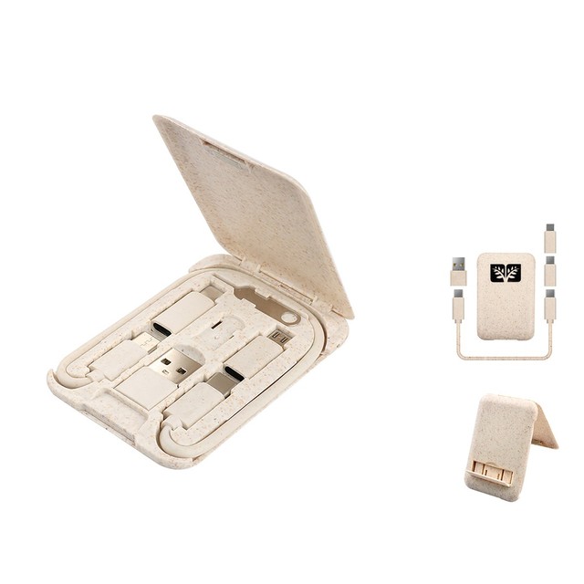 Promotion Gift Travel Multifunction Charger Card Phone Holder Eco Friendly Wheat Straw 6 in 1 Charging Cable Kit ForMobile Phone