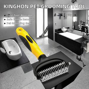 KingHon Pet Grooming Tool Double Sided Stainless Steel Tooth Safe Reusable <b>Undercoat</b> Dematting <b>Rake</b> Brush Comb for Dogs Mats - Product Image 2