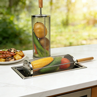 Panier de barbecue rotatif DaS en acier inoxydable avec poignée en bois pour légumes, viande, crevettes, barbecue en plein air