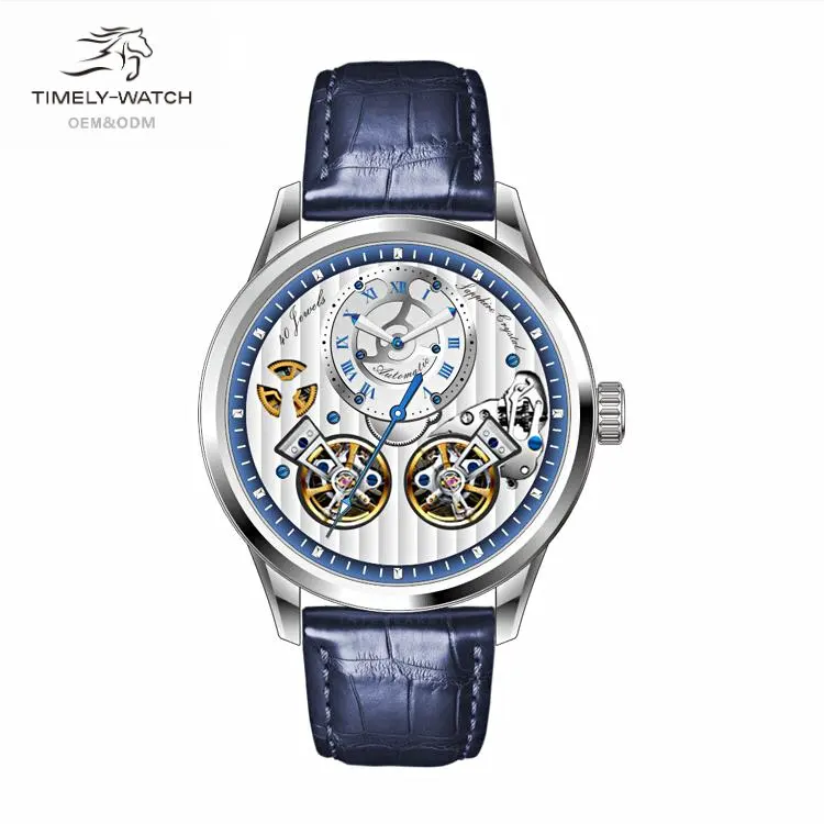 Jam tangan tali kulit roda gila ganda, arloji mekanik biru Stainless Steel 5ATM tahan air Logo sampel dapat diterima
