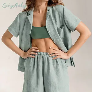 Restve Casual Home Clothes For Women 2 Piece Set Cotton Short Sleeve Turn Down Collar Tops Female Shorts Autumn Nightwear 2023