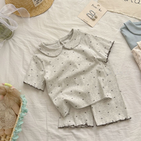 Setelan Baju Bayi Perempuan Balita Berkerah dengan Manset Ruffle, Katun Organik, Motif Bunga, Kancing, dan Model Romper
