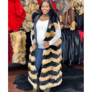 RXFurs <span class=keywords><strong>Gilet</strong></span> <span class=keywords><strong>long</strong></span> en fourrure de renard roux naturel et <span class=keywords><strong>noir</strong></span>, veste sans manches, veste longue en fourrure de renard avec capuche - Product Image 4