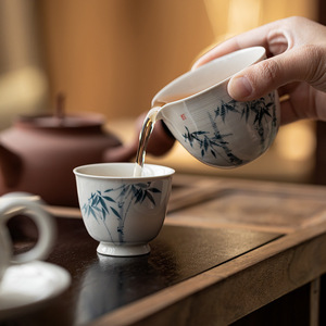 Hand-Painted Blue Bamboo Ceramic Fair Cup Porcelain Round Without Lid Kung Fu <b>Tea</b> <b>Set</b> Afternoon <b>Tea</b> Dehua County - Product Image 3