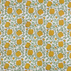 Tela de gasa de algodón con bloque manual, tulipanes amarillos, vides verdes, estampado de tulipán Jaal, Base blanca para coser, accesorios de moda, decoración del hogar - Product Image 1