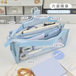 Students Clear PVC Pencil Case 6 <b>Compartments</b> Waterproof Organizer Pen <b>Bag</b> for Exams Pastel Color Pastel Clear Pencil Pencil <b>Bag</b> - Product Image 4