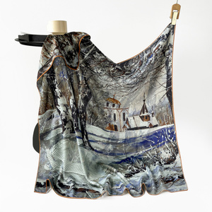 Bufanda <span class=keywords><strong>de</strong></span> Invierno con Pintura Artística al Óleo, Paisaje <span class=keywords><strong>de</strong></span> Nieve, Diseño <span class=keywords><strong>de</strong></span> Iglesia, Chal Cuadrado Grande <span class=keywords><strong>de</strong></span> Satén para Mujer, Pañuelo Decorativo - Product Image 1