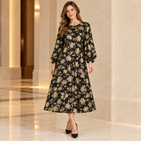 Gaun Midi Wanita Hitam Emas Bermotif Bunga 2026, Kerah Bulat, Lengan Puff Panjang, Model A-Line, Vintage, Elegan, untuk Pesta Musim Gugur, Santai