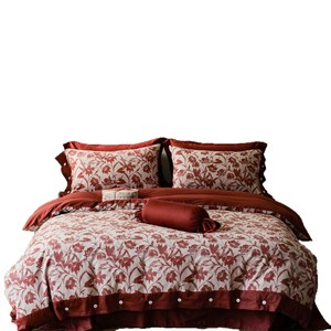 Nouvel ensemble de literie quatre pièces en jacquard teint en fil 100 % coton, style chinois années 80, rouge, avec boutons et motif discret, housse de couette - Product Image 3