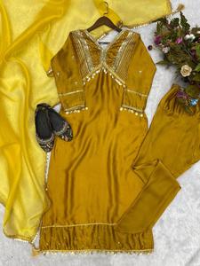 Traditional Indian Designer Ethnic <b>Wardrobe</b> Kurtis Pant With Dupatta Set Latest Collection <b>Mirror</b> Work for Womens and Girls - Product Image 4