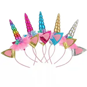 Children Glitter golden Unicorn Headband Birthday Party Favor flowers ears unicorn Headbands for Kids