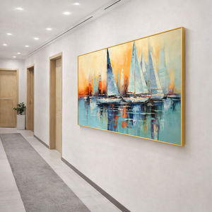 <span class=keywords><strong>Peinture</strong></span> de bateau à voile au coucher du soleil, art mural panoramique côtier, <span class=keywords><strong>peinture</strong></span> à l'huile abstraite bleue et orange peinte à la main sur toile, art mural - Product Image 5