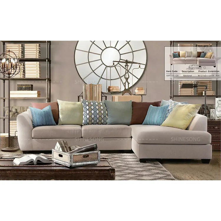 Nhà Máy Sản Xuất Mỹ Cổ Điển Màu Be Vải Góc L Hình Sofa Set Cho Phòng Khách Bạch Đàn Khung Gỗ Sofa