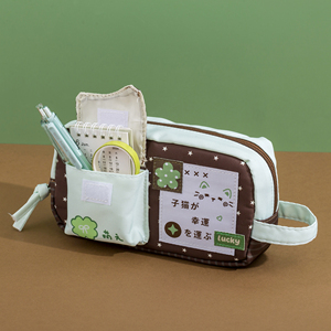 Étui à crayons Kawaii Lucky Cat Clover, grande capacité, sac à stylos en toile multicouche, pochette de rangement portable pour papeterie d'étudiant - Product Image 3