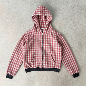 Custom Plaid Design <strong>Zip</strong> up Jackets Double Layers Waffle Hoodies for Men 100% Cotton High Quality <strong>Reversible</strong> Waffle Knit Hoodie - Product Image 3