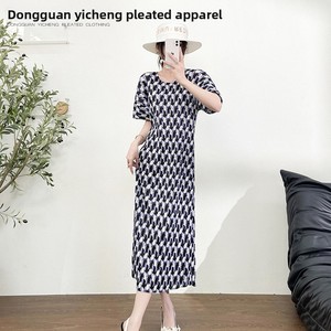 Abito Lungo Plissettato Miyake Estate 2026 con Stampa Francese Arricciata e Maniche a Sbuffo, Elegante, Antirughe, Vestibilità Slim - Product Image 2