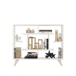 Libreria Geometrica con Scaffali Portaoggetti, 6 Ripiani, in Legno, Arredamento Moderno per Soggiorno, Design Anti-Ribaltamento, Bianca - Product Image 1