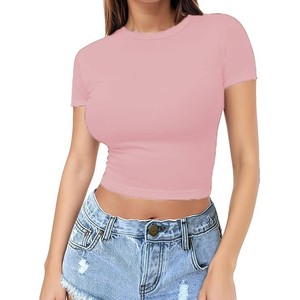 Camiseta Corta Estilo Europeo-Americano para Mujer, Top de Verano, Blusa de Manga Corta con Cuello Redondo, Ajustada y Linda, de Seda Láctea - Product Image 3