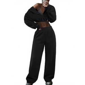 Ensemble jogging et sweat à capuche court personnalisé pour femme, automne-hiver, fermeture éclair, tenue de sport 2 pièces - Product Image 1