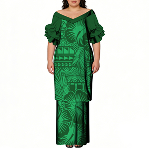 Nouvelle tenue Puletasi personnalisée pour femme, imprimé tribal polynésien, épaules dénudées, manches à volants, motif <span class=keywords><strong>tatouage</strong></span> samoan, jupe longue 2 pièces, vacances à la plage - Product Image 5
