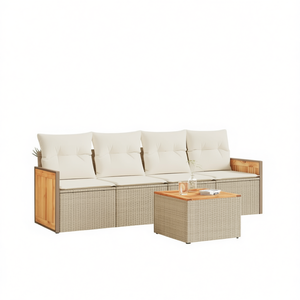 Conjunto de Sofá de Jardín Beige, Ratán y Madera de Teca, 4 Plazas, Muebles de Exterior, Diseño Contemporáneo, Resistente a la Intemperie - Product Image 1
