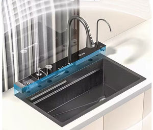 Évier de cuisine multifonctionnel en acier inoxydable 304 LED à affichage numérique avec deux bols rectangulaires et conception à un trou - Product Image 5