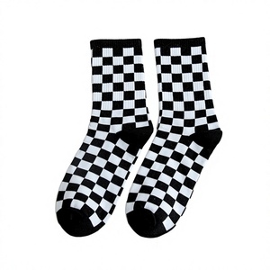 <b>Black</b> And White Checkerboard Crew <b>Socks</b> Jacquard Knit Breathable Geometric Pattern Adult Casual Wear - Product Image 1