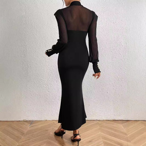 จั๊มสูทกระโปรงยาวแขนยาวแฟชั่นผู้หญิงใหม่ แต่งผ้าลูกไม้ตาข่ายเย็บต่อกัน ทรงเข้ารูปเซ็กซี่ ปลายกระโปรงทรงหางปลา - Product Image 6