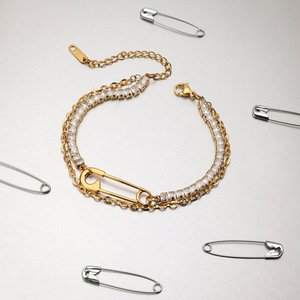 Bracelet en acier inoxydable avec chaîne en zircon blanc, design trombone, double couche, bijoux dorés - Product Image 2