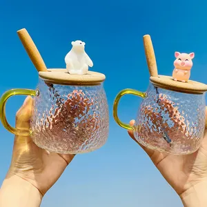 Custom 3D Bamboo Lid Transparent Glass Mug Borosilicate Glasses Coffee Milk Drinkware Cup With Spoon