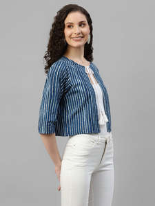 Shrug en coton à rayures indigo pour femme, à nouer, devant ouvert, manches mi-longues, coupe courte, coupe décontractée, style western, pièce unique, décontracté - Product Image 2