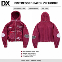 Sweat-shirt à capuche zippé court épais bordeaux personnalisé, effet soleil délavé, vintage, 380 g/m², avec patch appliqué vieilli à la main et fermeture éclair métallique, OEM ODM