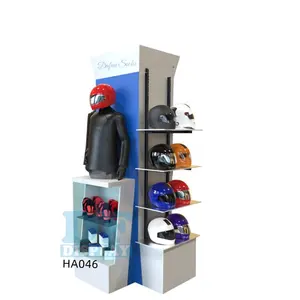 HA046ストアオートバイサッカーヘルメットディスプレイスタンド、安全帽子とタイヤフロアディスプレイラック