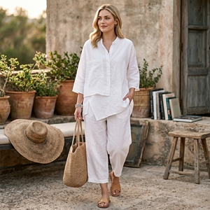 Ensemble 2 pièces décontracté personnalisé pour <span class=keywords><strong>femme</strong></span> : chemise blanche et <span class=keywords><strong>pantalon</strong></span> droit – Collection été 2026 – Vente en gros - Product Image 3