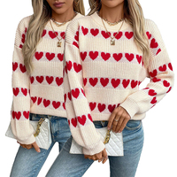 Vente en gros Pull de la Saint-Valentin d'hiver Pull à col rond rayé à manches à revers Love Heart Jacquard Pull pour femme