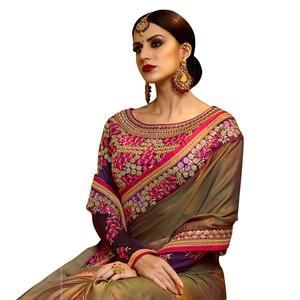 Màu Xanh Bóng Mờ In Saree Với Hai Màu Sắc Voan Satin Vải Đá Làm Việc Và Ren Biên Giới Với Đá Chảo Thiết Kế Màu Xanh Áo May Mặc - Product Image 5