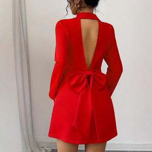 Nuevo <span class=keywords><strong>Vestido</strong></span> <span class=keywords><strong>Corto</strong></span> de <span class=keywords><strong>Manga</strong></span> <span class=keywords><strong>Larga</strong></span> con Lazo en la Espalda, Cuello de Traje y Doble Abotonadura, Estilo Europeo y Americano para Comercio Exterior - Product Image 3